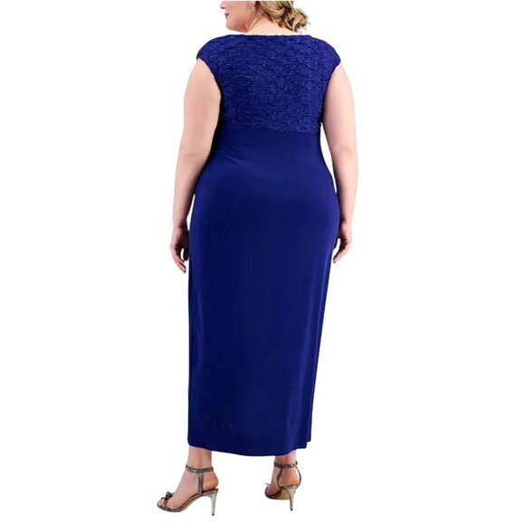 Connected Apparel Plus SZ 24W Royal Blue Gown Sequined Lace Draped Tulip Hemline - Picture 3 of 14